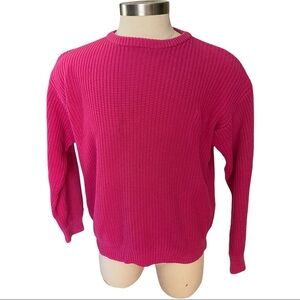 Lands’ End Cable 3-D Knit Hot Pink Crew Neck Ribbed Cuff Chunky Sweater Women L